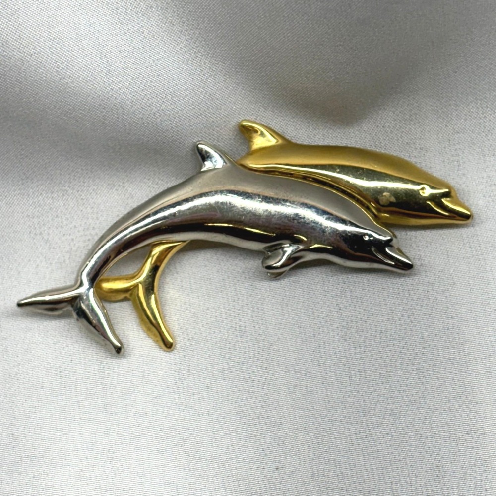 Liz Claiborne Dolphin Brooch Unisex OS Gold Silver Good Vintage Two Tone LC